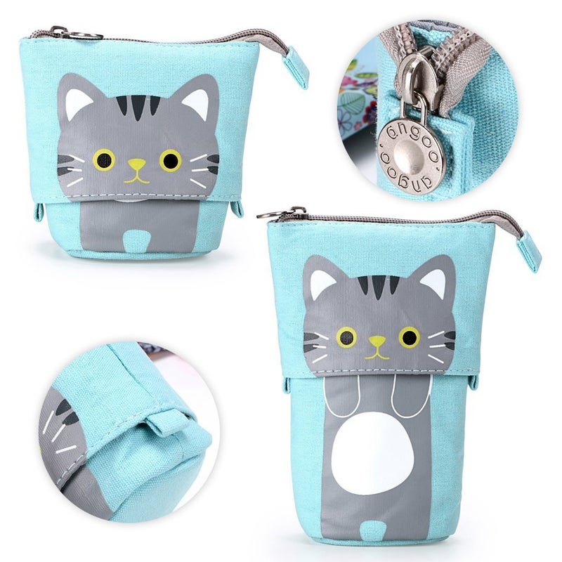 Ytuomzi Telescopic Pencil Pouch Standing Pen Holder Cute Bags Stand Up Case Cartoon Storage Box Canvas+PU Stationery Organizer Makeup Bag With Zipper Closure (Blue) - Image 4